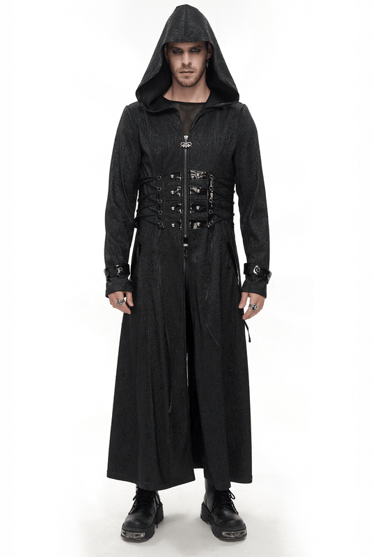 Gothic Punk Rivet Hooded Long Coat For Men / Zipper Black Coats with Lace-up Accents on Waist