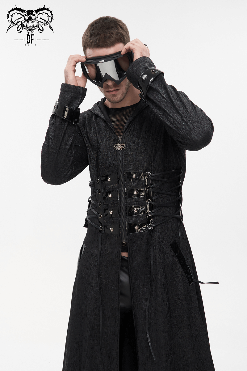 Gothic Punk Rivet Hooded Long Coat For Men / Zipper Black Coats with Lace-up Accents on Waist
