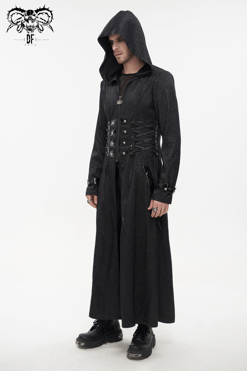 Gothic Punk Rivet Hooded Long Coat For Men / Zipper Black Coats with Lace-up Accents on Waist