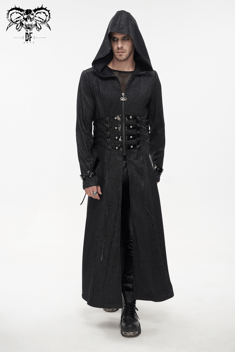 Gothic Punk Rivet Hooded Long Coat For Men / Zipper Black Coats with Lace-up Accents on Waist