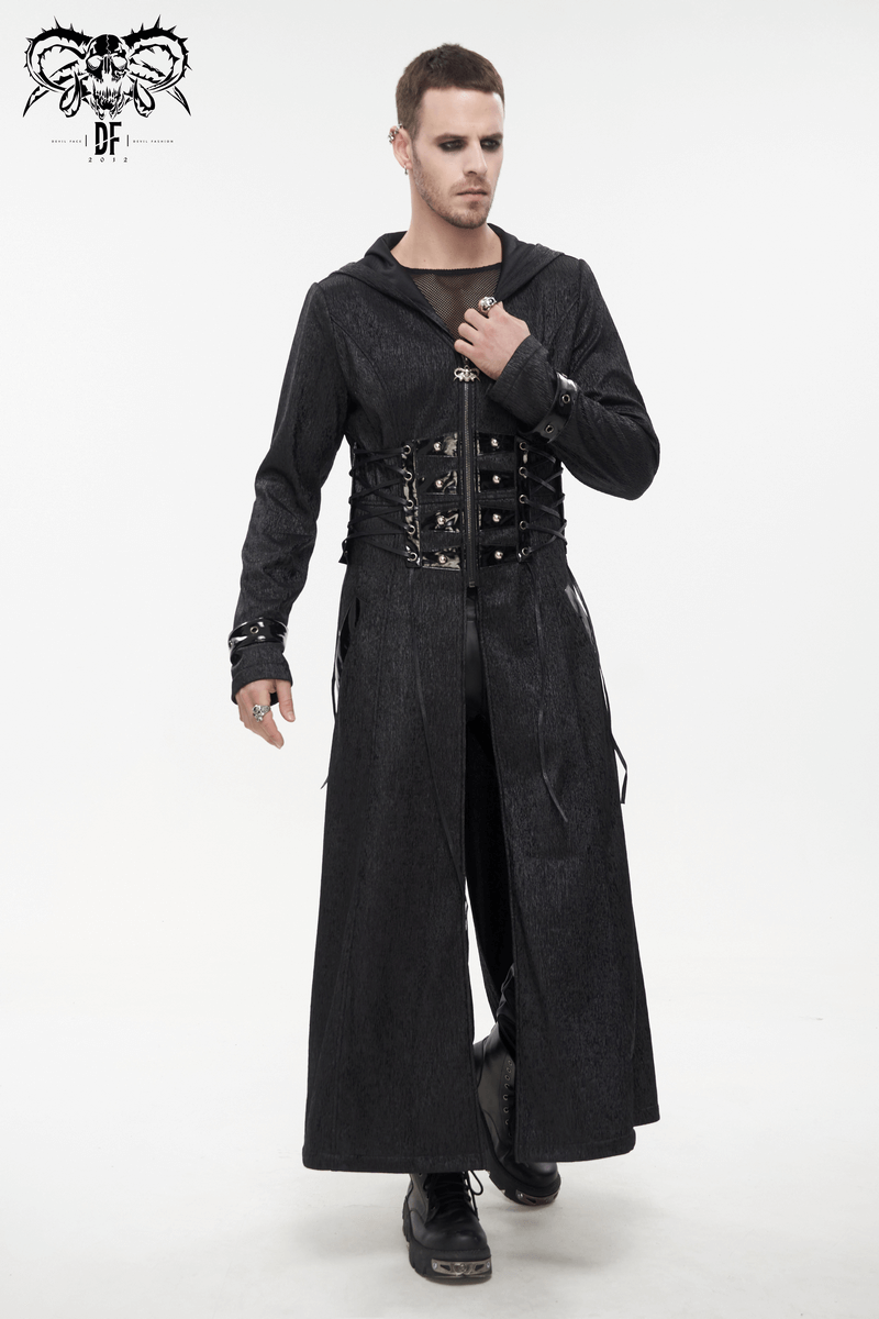 Gothic Punk Rivet Hooded Long Coat For Men / Zipper Black Coats with Lace-up Accents on Waist