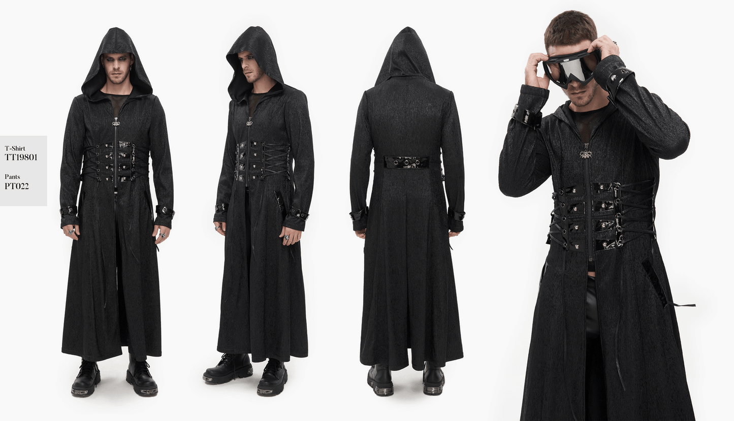 Gothic Punk Rivet Hooded Long Coat For Men / Zipper Black Coats with Lace-up Accents on Waist