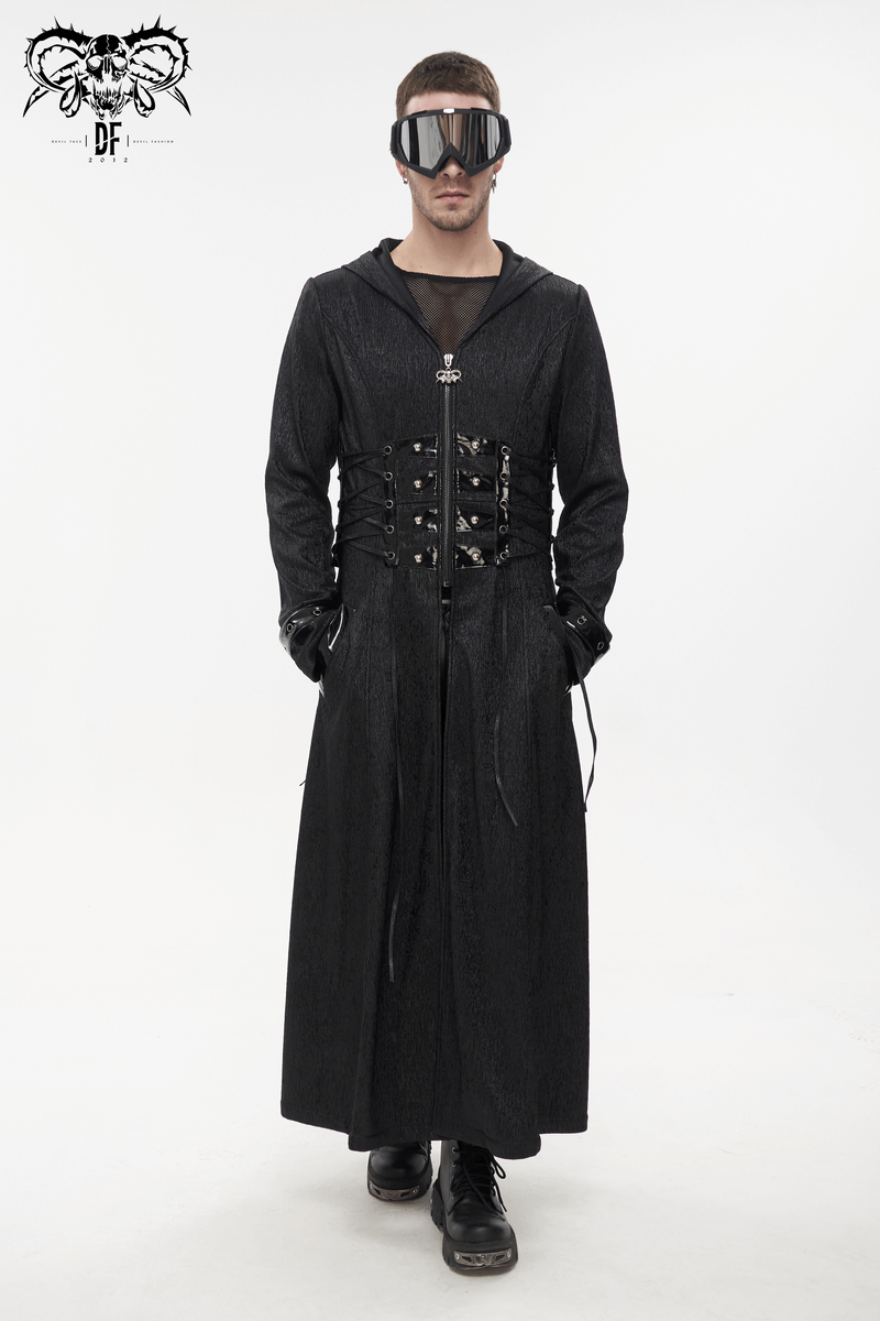 Gothic Punk Rivet Hooded Long Coat For Men / Zipper Black Coats with Lace-up Accents on Waist
