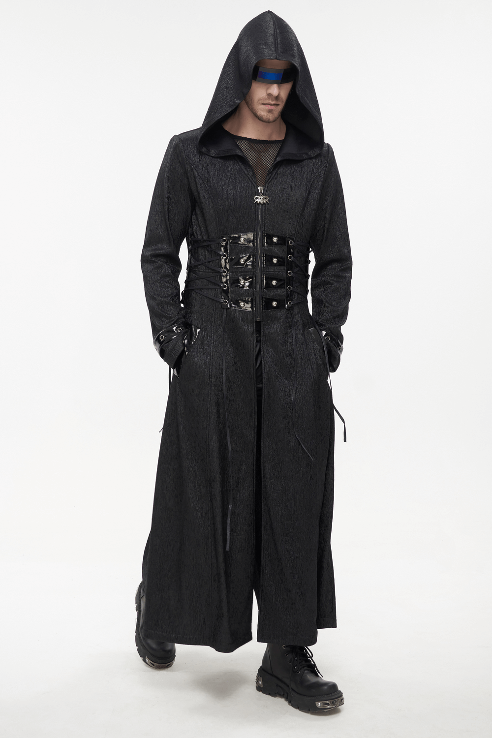 Gothic Punk Rivet Hooded Long Coat For Men / Zipper Black Coats with Lace-up Accents on Waist