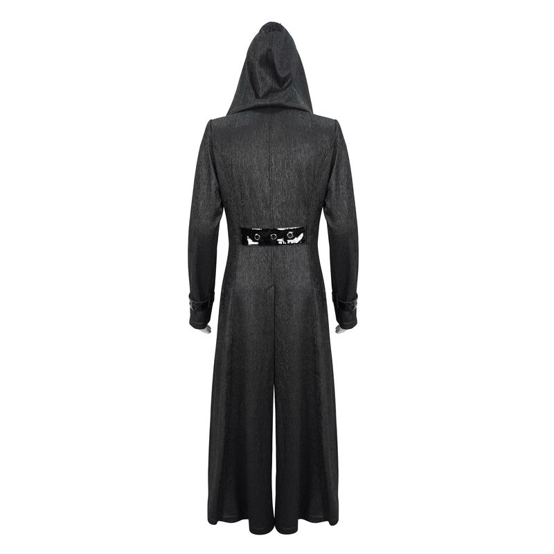 Gothic Punk Rivet Hooded Long Coat For Men / Zipper Black Coats with Lace-up Accents on Waist