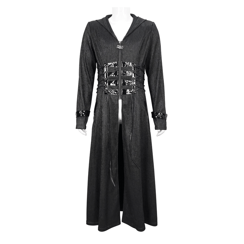 Gothic Punk Rivet Hooded Long Coat For Men / Zipper Black Coats with Lace-up Accents on Waist