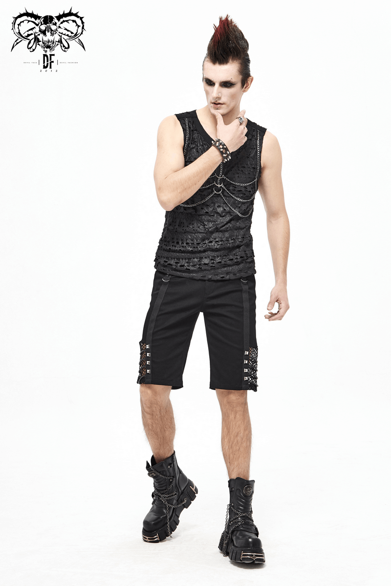 Gothic Punk Rivets Mesh Shorts / Black Shorts with Rope for Men / Alternative Clothing