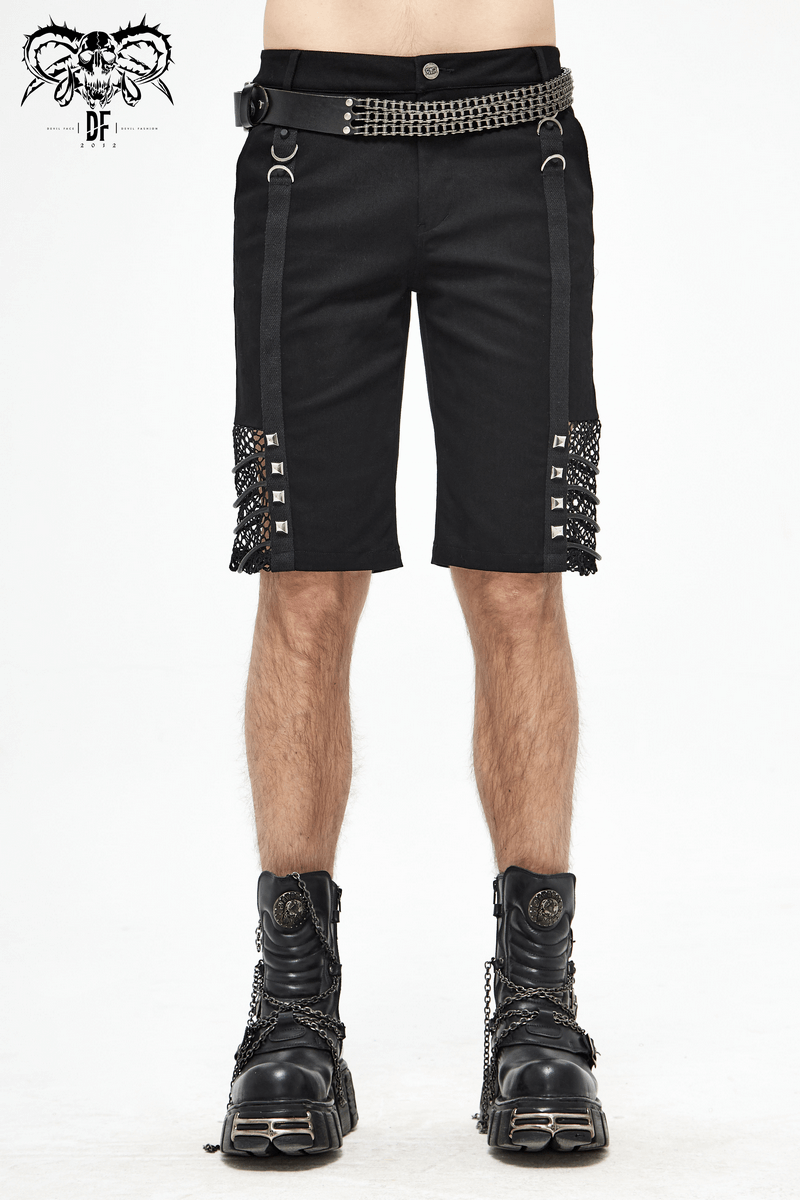 Gothic Punk Rivets Mesh Shorts / Black Shorts with Rope for Men / Alternative Clothing