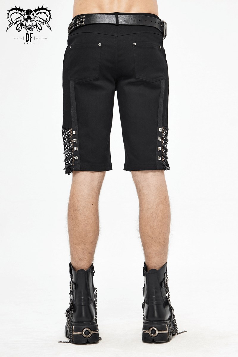 Gothic Punk Rivets Mesh Shorts / Black Shorts with Rope for Men / Alternative Clothing