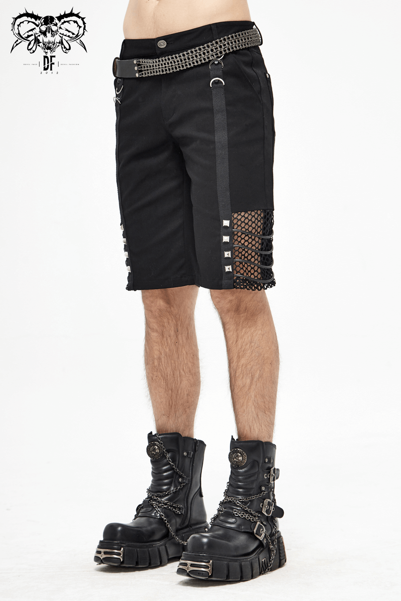 Gothic Punk Rivets Mesh Shorts / Black Shorts with Rope for Men / Alternative Clothing