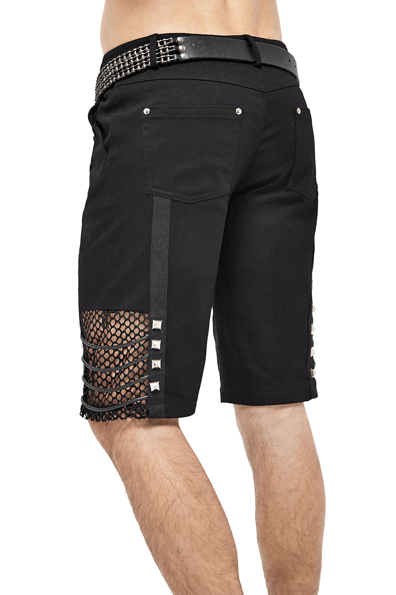 Gothic Punk Rivets Mesh Shorts / Black Shorts with Rope for Men / Alternative Clothing