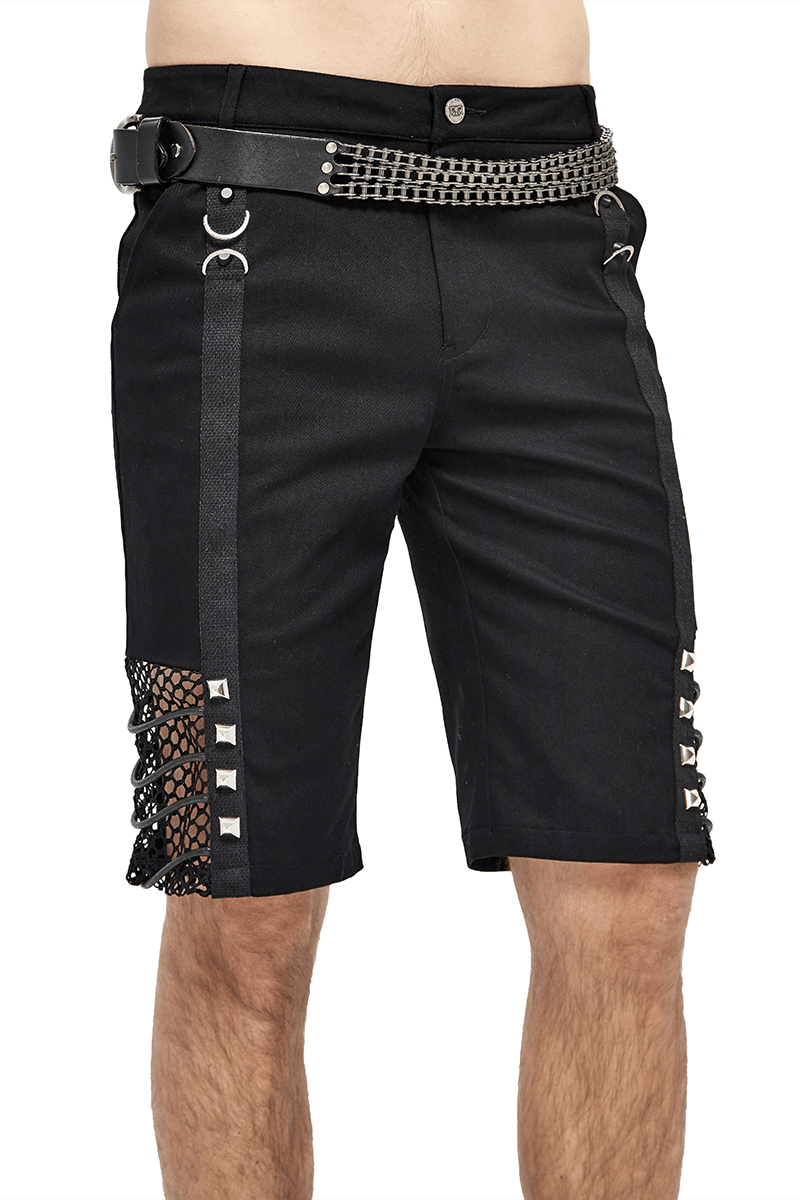 Gothic Punk Rivets Mesh Shorts / Black Shorts with Rope for Men / Alternative Clothing