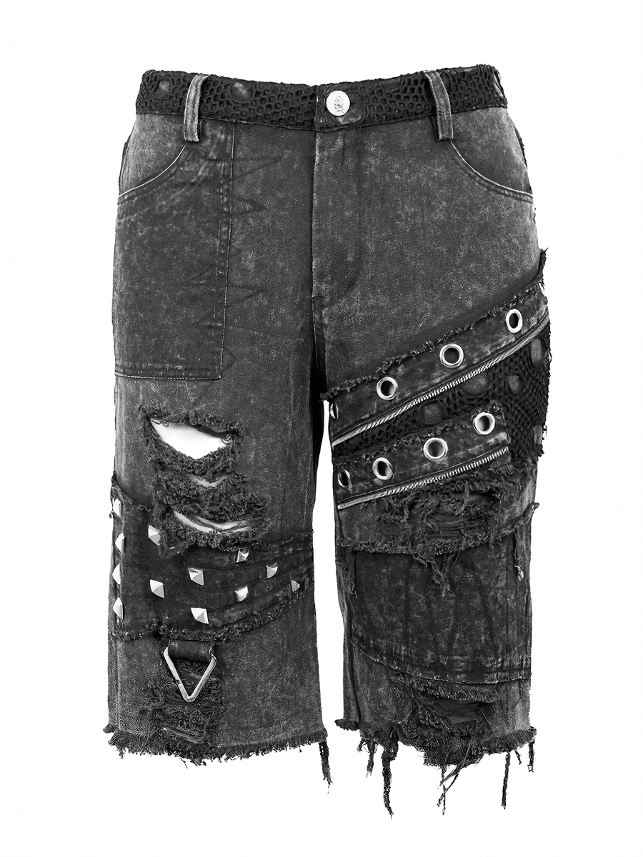 Gothic Punk Rivets Ripped Shorts / Men's Short Pants with Decorative Zippers