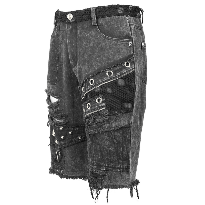 Gothic Punk Rivets Ripped Shorts / Men's Short Pants with Decorative Zippers