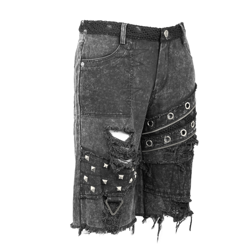 Gothic Punk Rivets Ripped Shorts / Men's Short Pants with Decorative Zippers