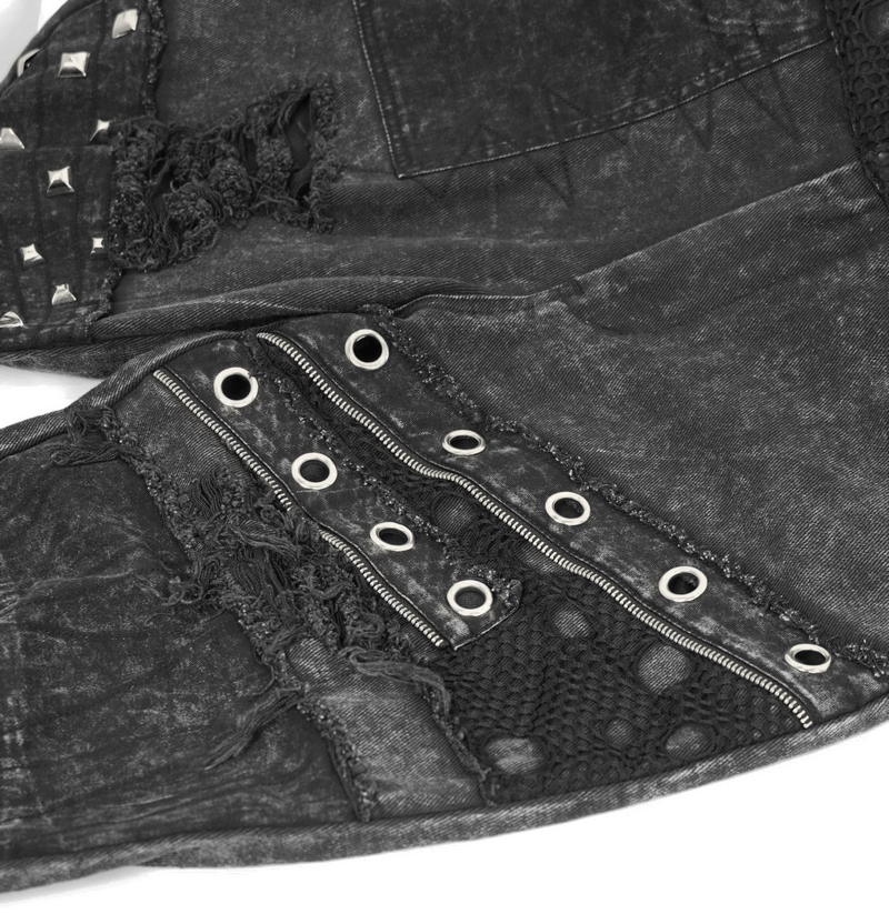 Gothic Punk Rivets Ripped Shorts / Men's Short Pants with Decorative Zippers