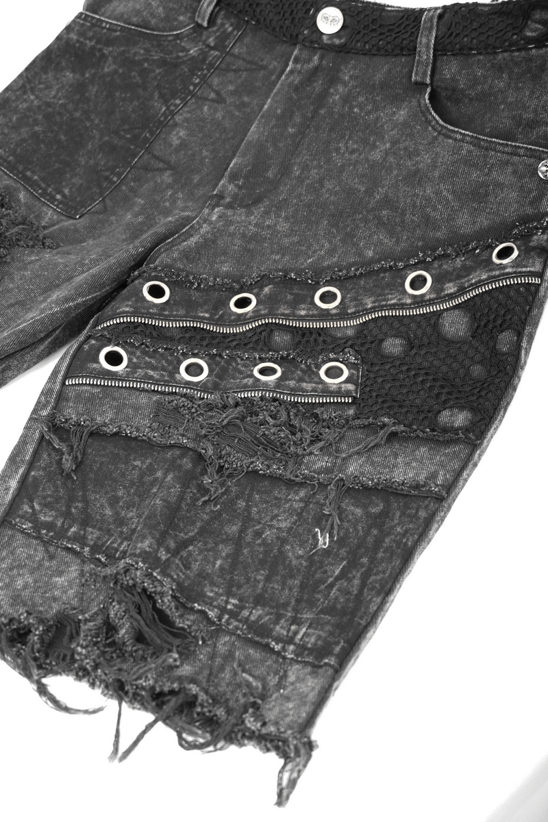 Gothic Punk Rivets Ripped Shorts / Men's Short Pants with Decorative Zippers