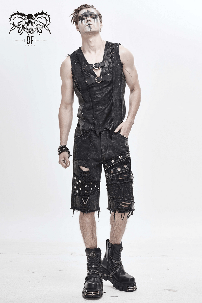 Gothic Punk Rivets Ripped Shorts / Men's Short Pants with Decorative Zippers