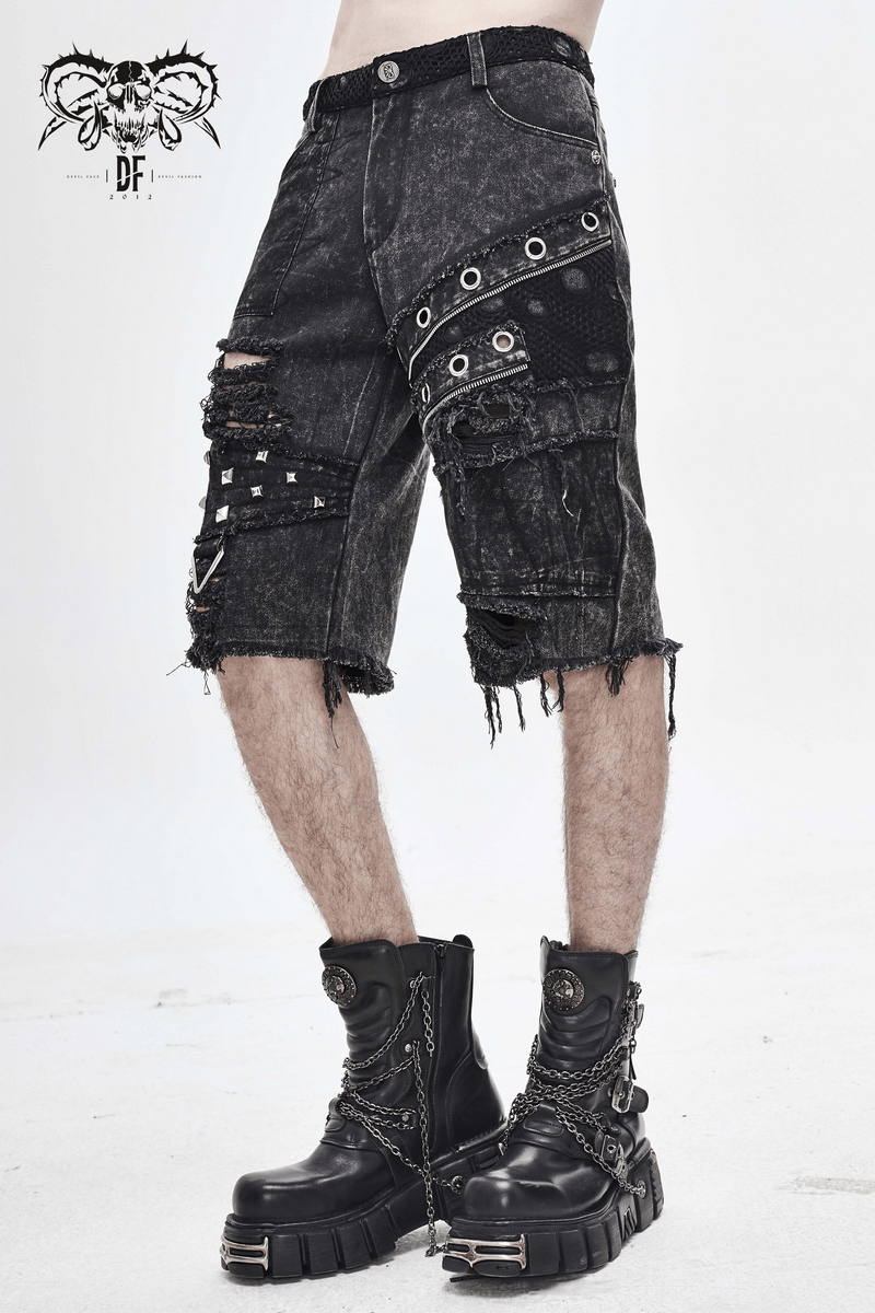 Gothic Punk Rivets Ripped Shorts / Men's Short Pants with Decorative Zippers
