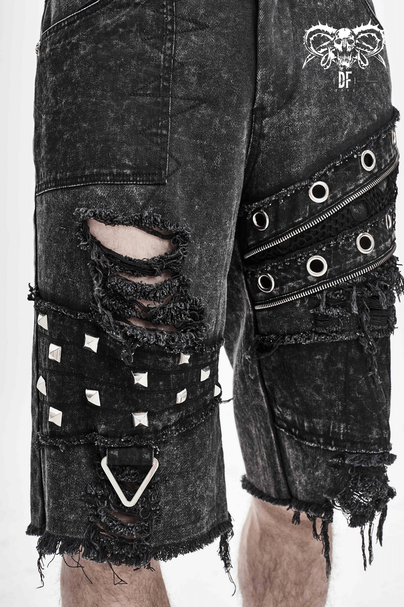 Gothic Punk Rivets Ripped Shorts / Men's Short Pants with Decorative Zippers