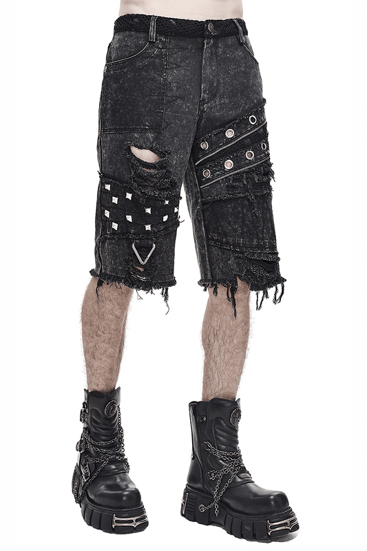 Gothic Punk Rivets Ripped Shorts / Men's Short Pants with Decorative Zippers