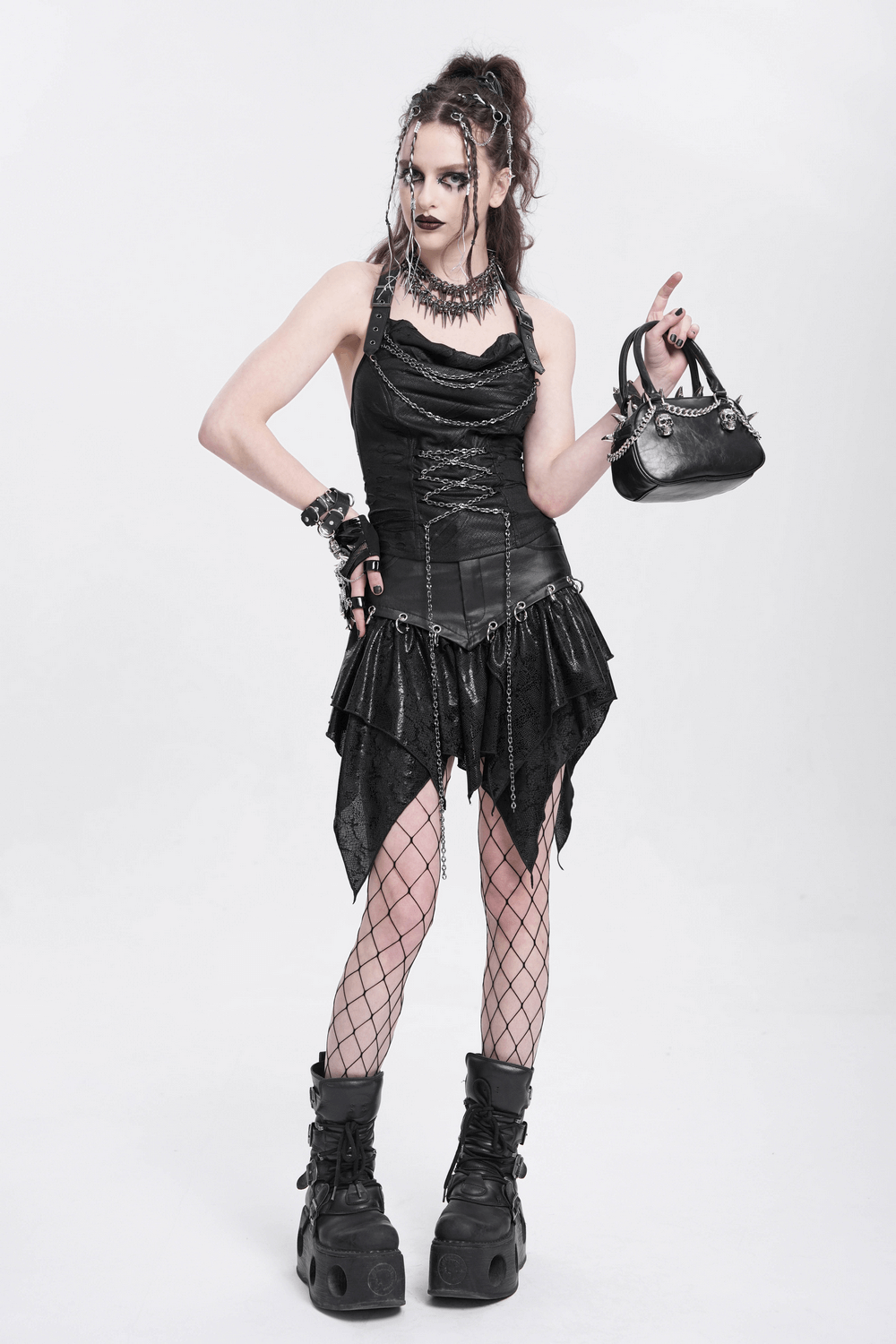 Gothic Punk Skull Handbag with Spikes and Chain Straps