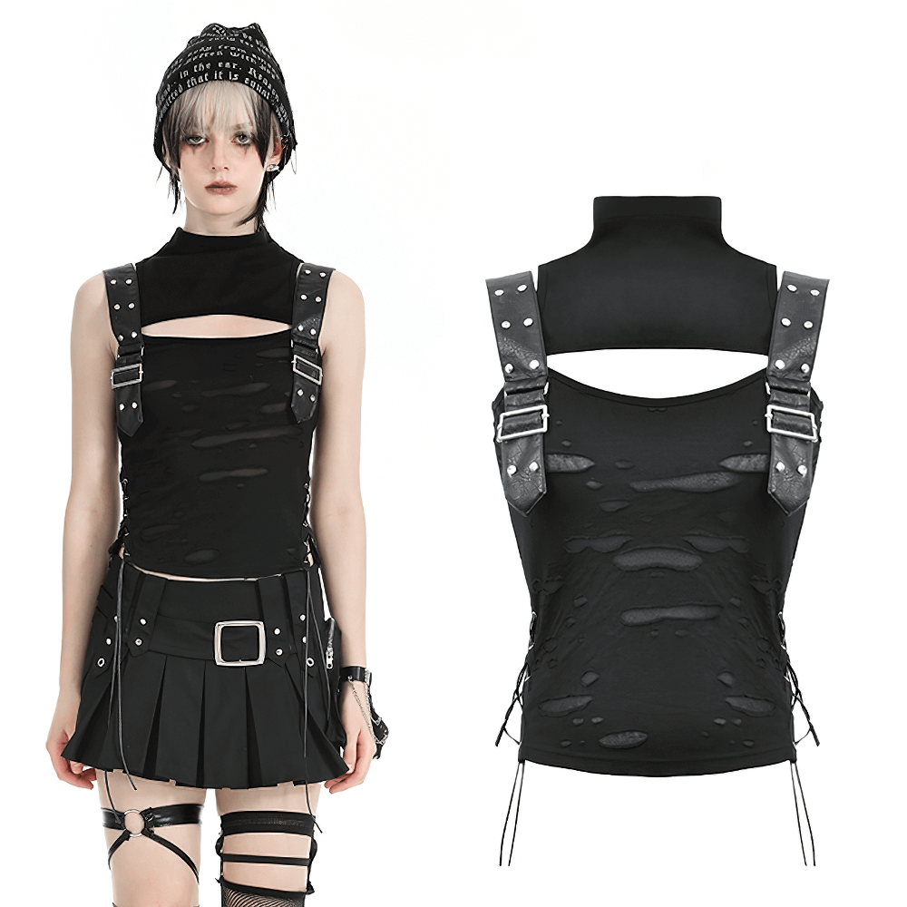 Gothic Punk Sleeveless Ripped Top with Buckle Straps