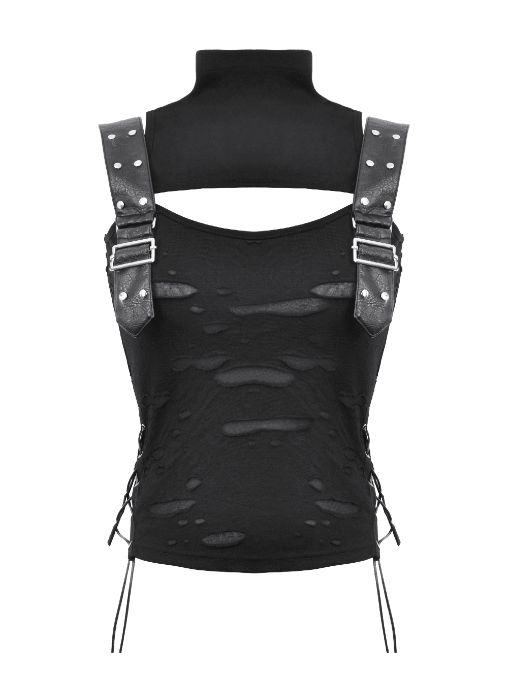 Gothic Punk Sleeveless Ripped Top with Buckle Straps