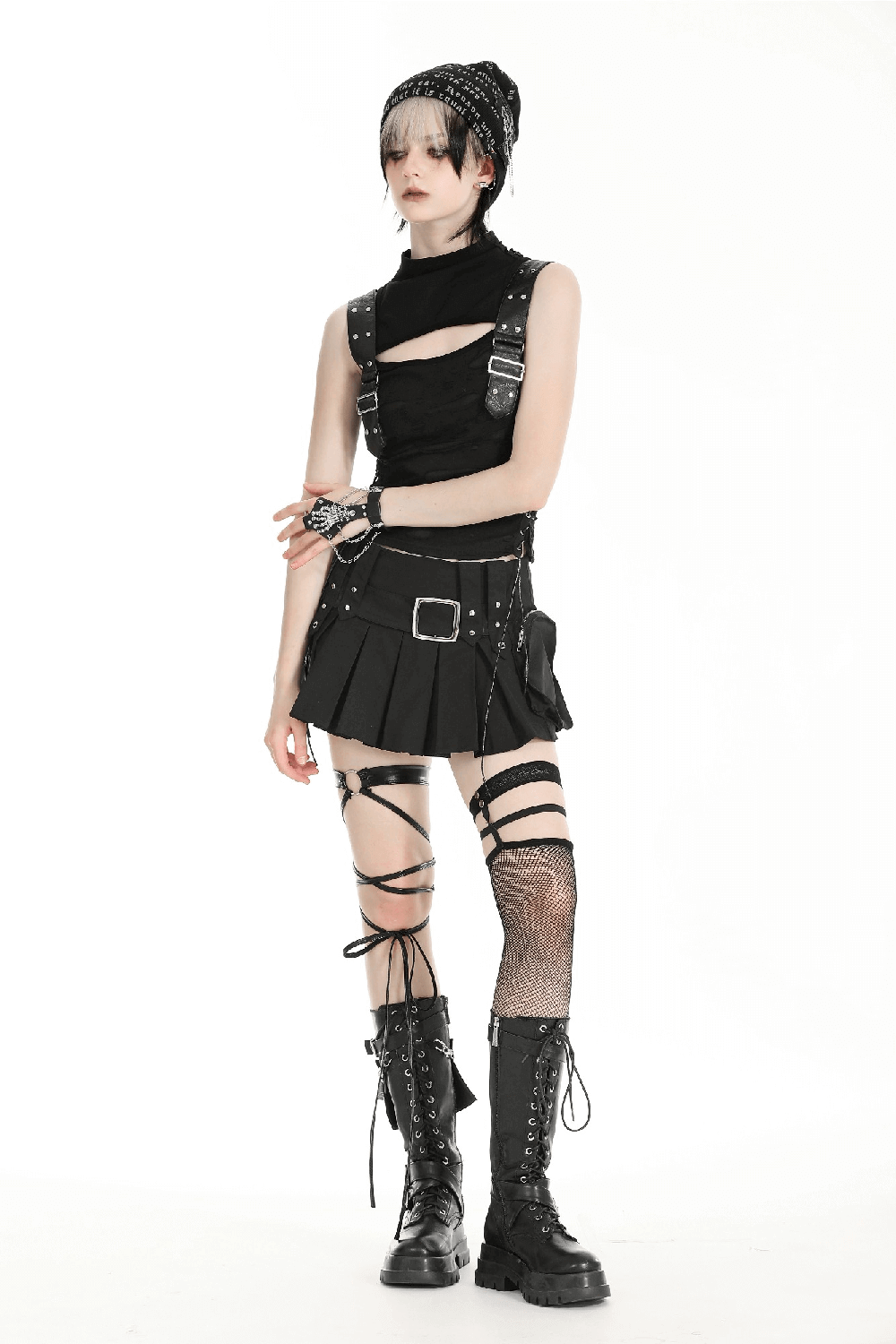 Gothic Punk Sleeveless Ripped Top with Buckle Straps