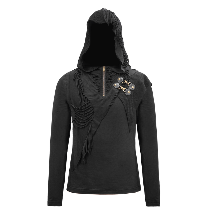 Gothic Punk Style Long Sleeves Hoodie / Black Zipper Cutout Top / Alternative Fashion