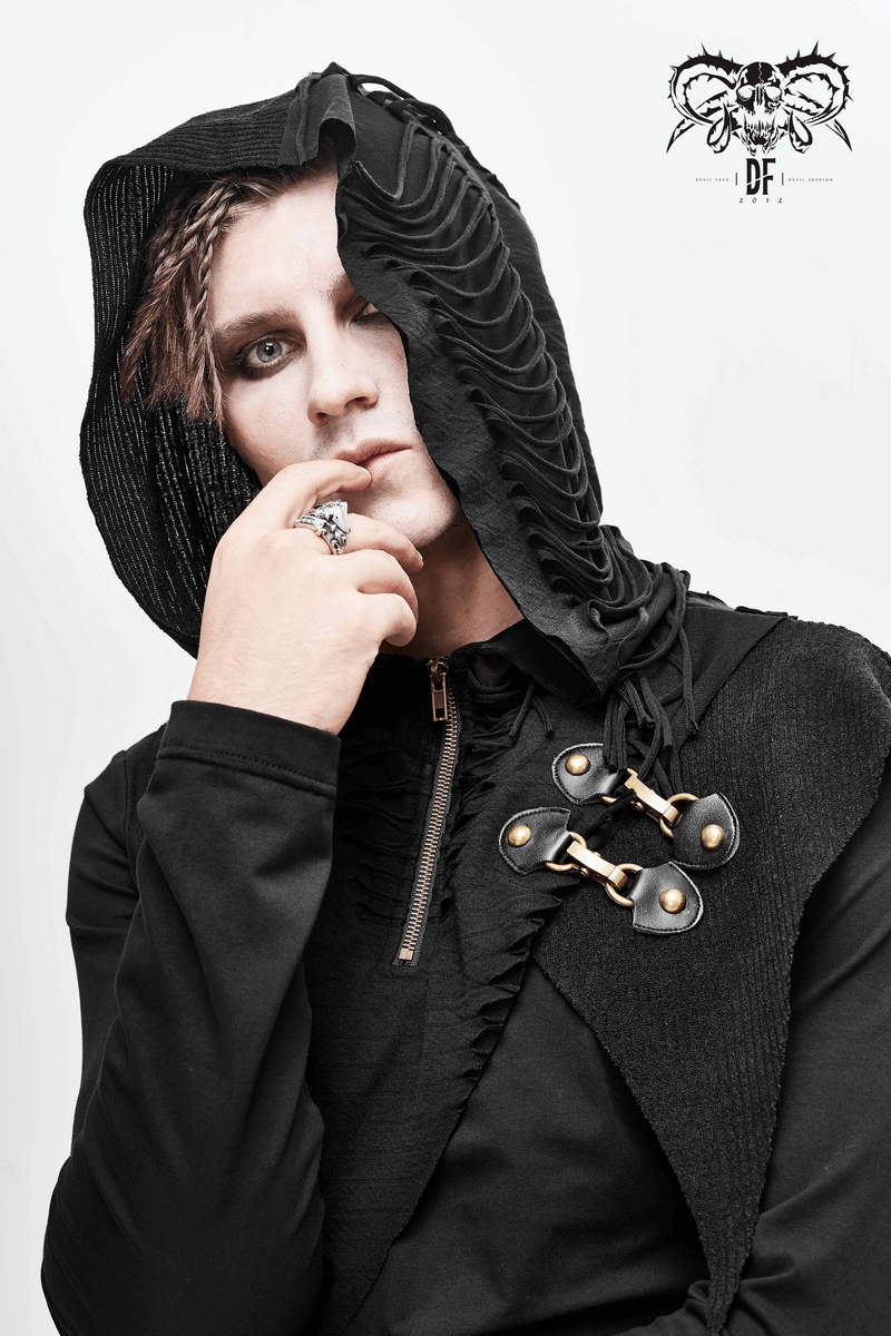 Gothic Punk Style Long Sleeves Hoodie / Black Zipper Cutout Top / Alternative Fashion