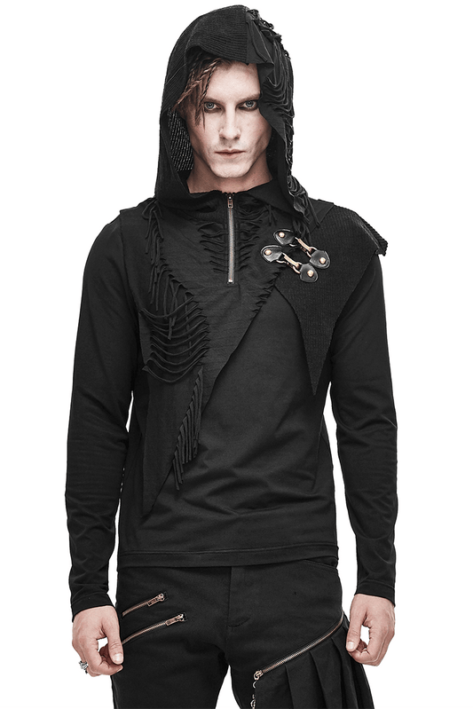 Gothic Punk Style Long Sleeves Hoodie / Black Zipper Cutout Top / Alternative Fashion