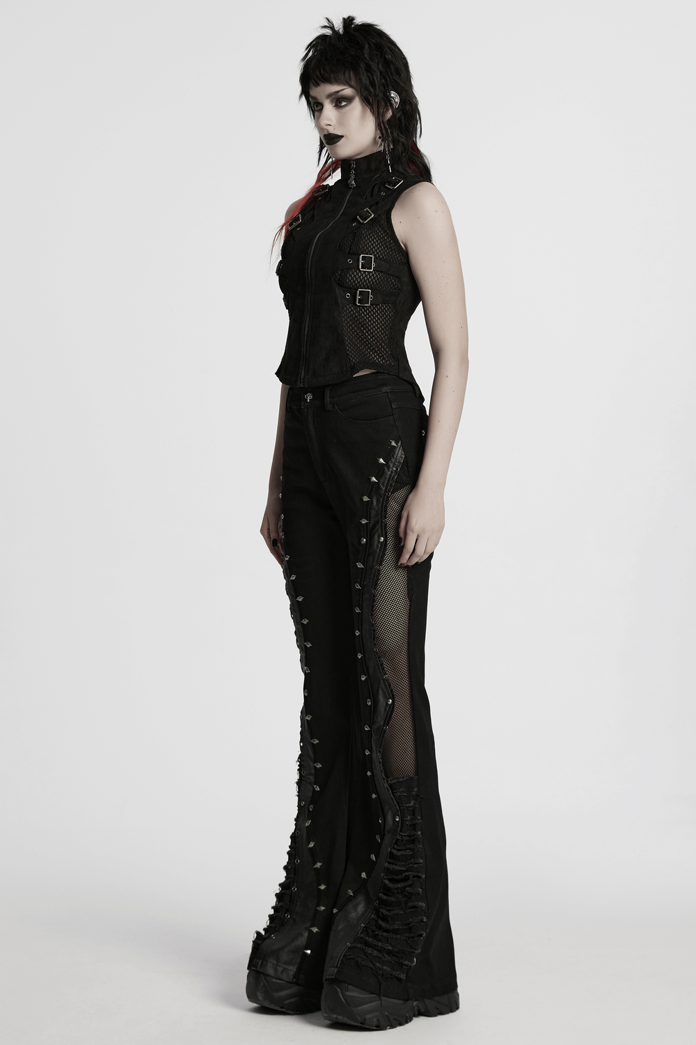 Gothic Punk Suede Buckle Vest with Skeleton Cutouts