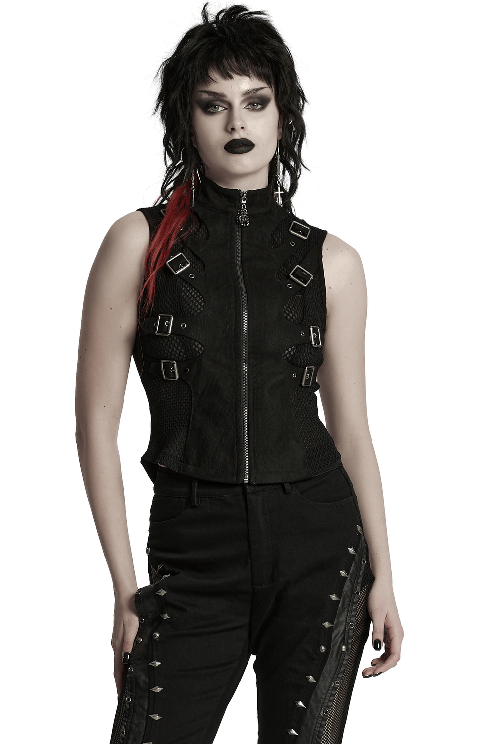 Gothic Punk Suede Buckle Vest with Skeleton Cutouts