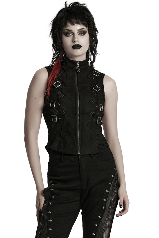Gothic Punk Suede Buckle Vest with Skeleton Cutouts