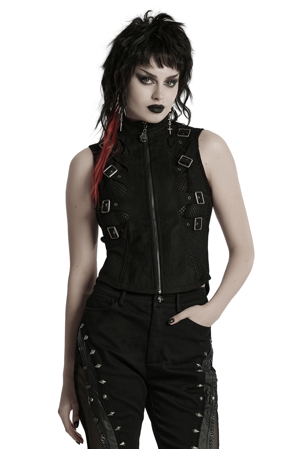 Gothic Punk Suede Buckle Vest with Skeleton Cutouts