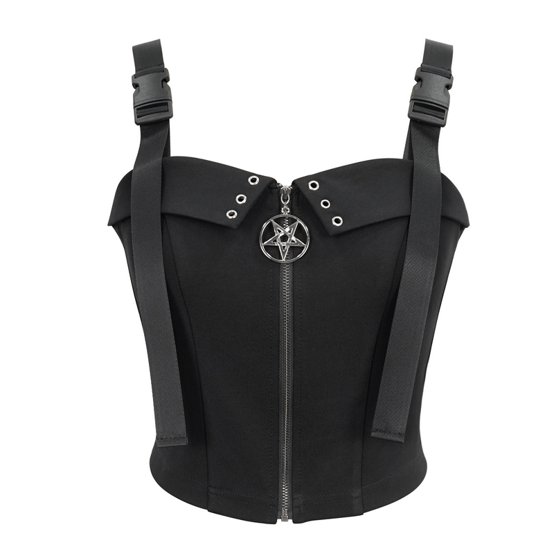 Gothic Punk Top with Circled Hollow Pentagram Zipper / Female Adjustable Buckle Straps Top