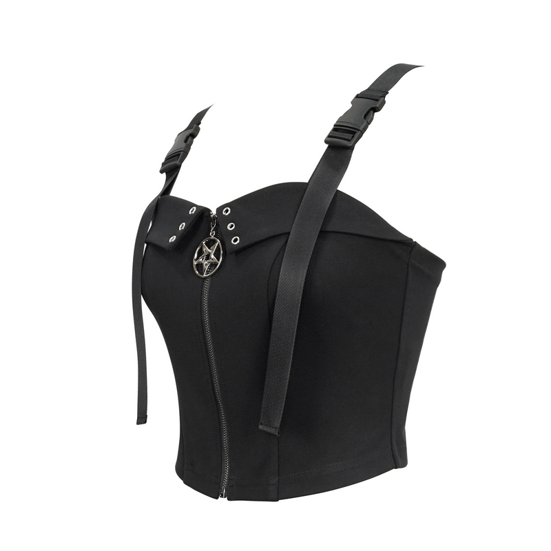 Gothic Punk Top with Circled Hollow Pentagram Zipper / Female Adjustable Buckle Straps Top