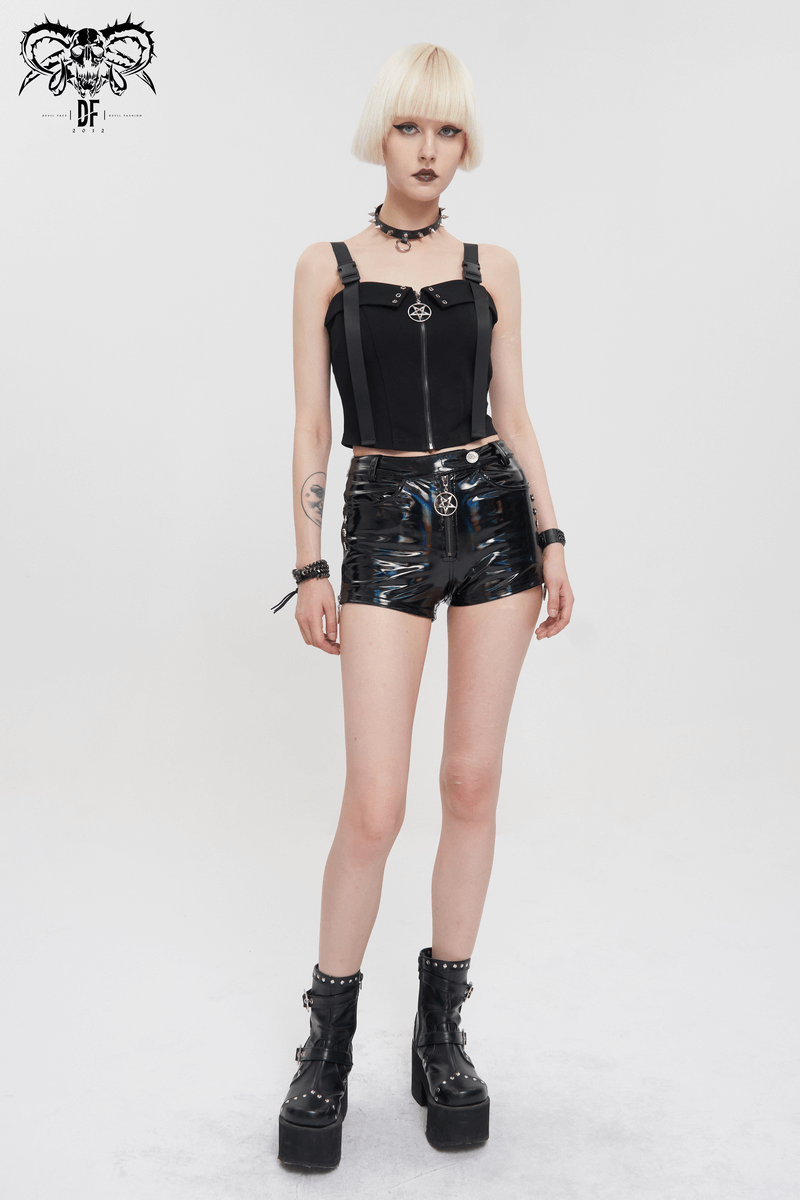 Gothic Punk Top with Circled Hollow Pentagram Zipper / Female Adjustable Buckle Straps Top