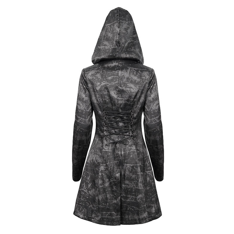Gothic Punk Women's Hooded Long Coat with Zipper / Stylish Coat With Cross Buckle Belts & Pentagram