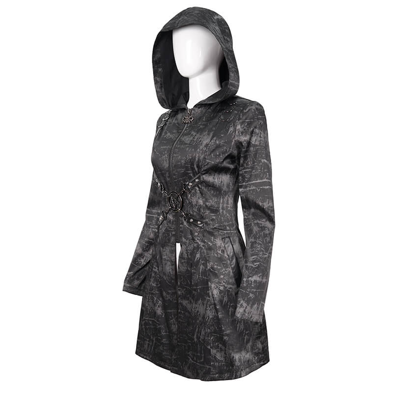 Gothic Punk Women's Hooded Long Coat with Zipper / Stylish Coat With Cross Buckle Belts & Pentagram