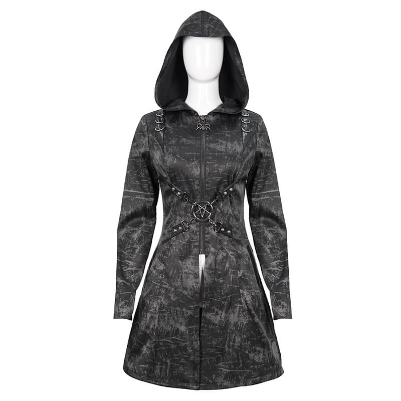 Gothic Punk Women's Hooded Long Coat with Zipper / Stylish Coat With Cross Buckle Belts & Pentagram