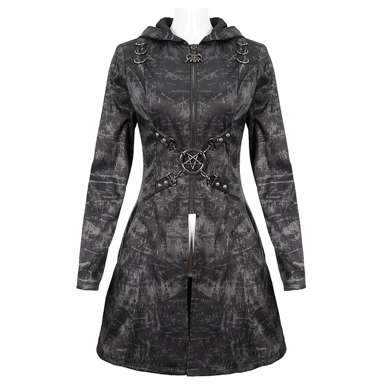 Gothic Punk Women's Hooded Long Coat with Zipper / Stylish Coat With Cross Buckle Belts & Pentagram