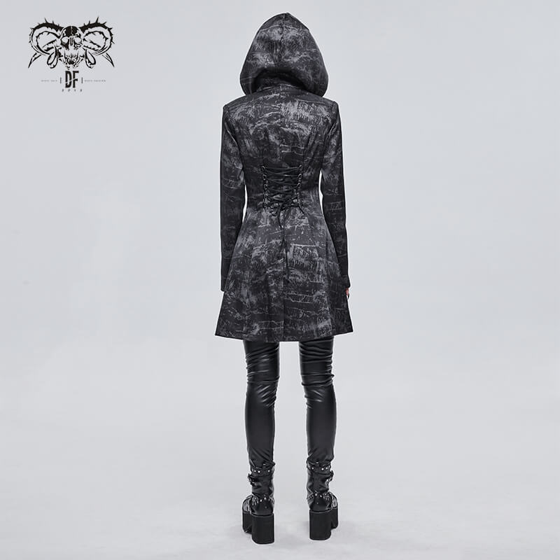 Gothic Punk Women's Hooded Long Coat with Zipper / Stylish Coat With Cross Buckle Belts & Pentagram