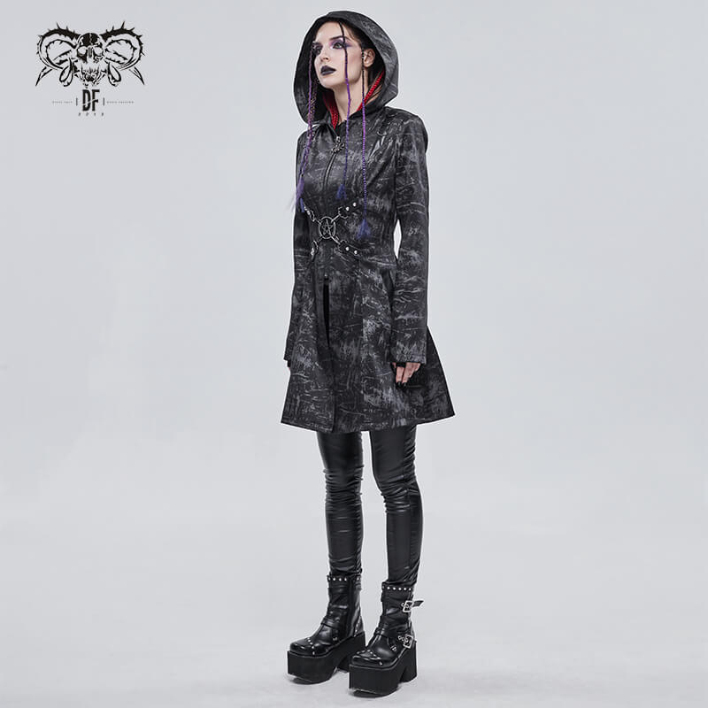 Gothic Punk Women's Hooded Long Coat with Zipper / Stylish Coat With Cross Buckle Belts & Pentagram