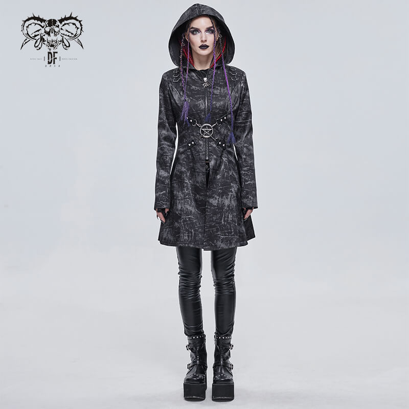 Gothic Punk Women's Hooded Long Coat with Zipper / Stylish Coat With Cross Buckle Belts & Pentagram