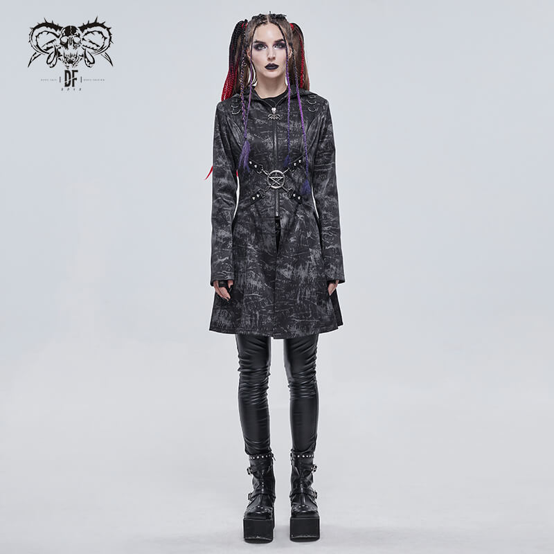 Gothic Punk Women's Hooded Long Coat with Zipper / Stylish Coat With Cross Buckle Belts & Pentagram
