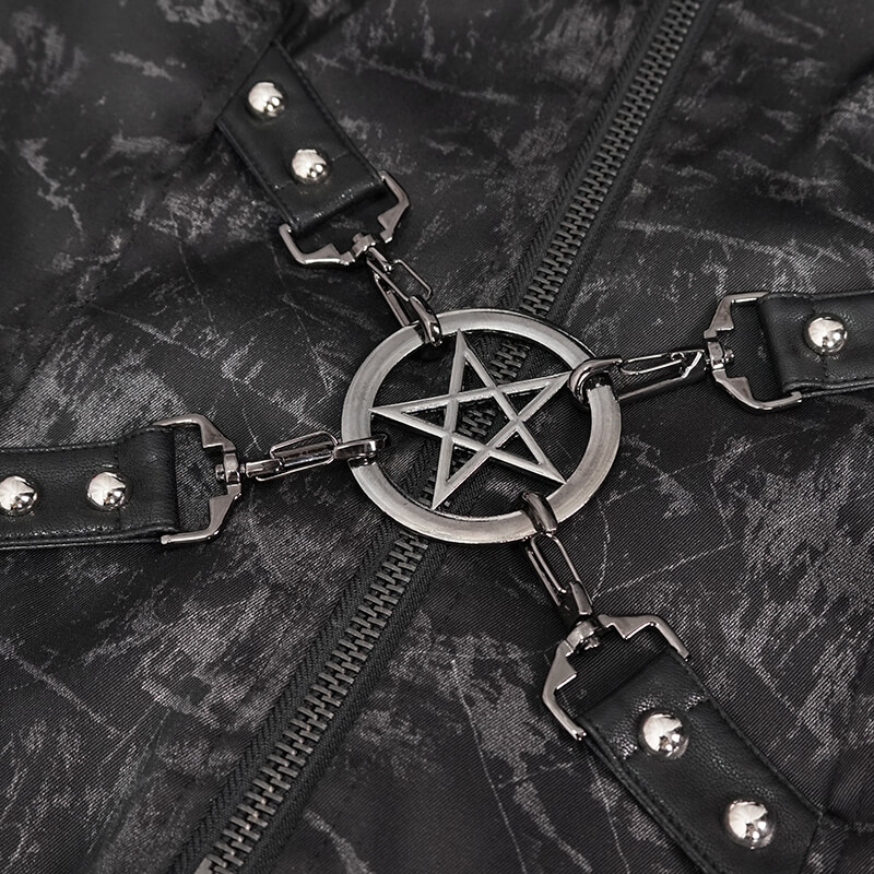 Gothic Punk Women's Hooded Long Coat with Zipper / Stylish Coat With Cross Buckle Belts & Pentagram