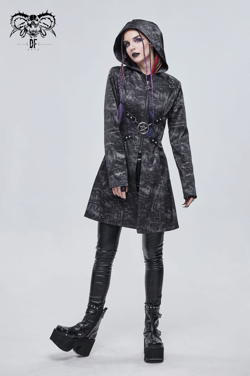 Gothic Punk Women's Hooded Long Coat with Zipper / Stylish Coat With Cross Buckle Belts & Pentagram