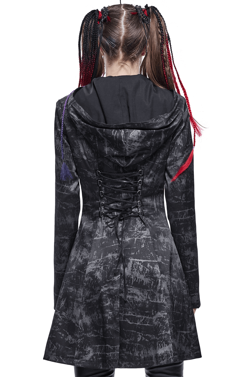 Gothic Punk Women's Hooded Long Coat with Zipper / Stylish Coat With Cross Buckle Belts & Pentagram